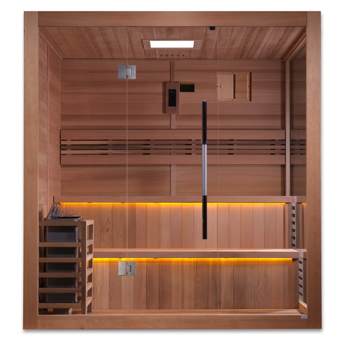 Golden Designs Kuusamo Edition 6 Person Indoor Traditional Sauna with Canadian Red Cedar Interior and tempered glass door.