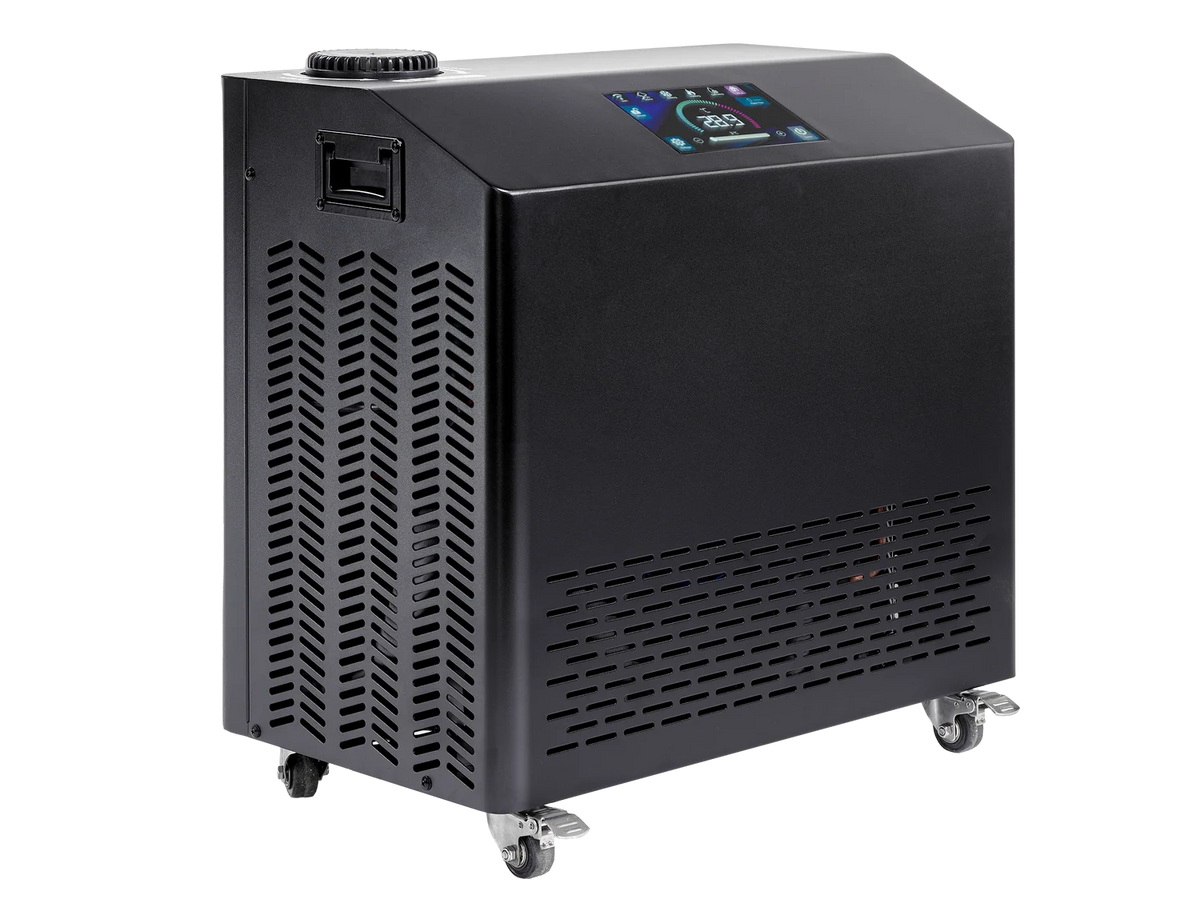 A black portable Dynamic 1HP Cold & Heat Chiller with a digital display screen on top, side ventilation grilles, and caster wheels, shown on a plain white background.