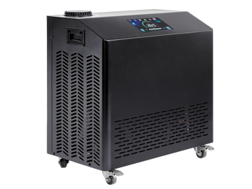 A black portable Dynamic 1HP Cold & Heat Chiller with a digital display screen on top, side ventilation grilles, and caster wheels, shown on a plain white background.