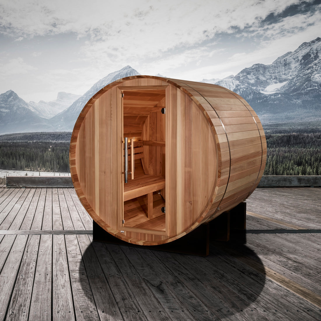 Golden Designs St. Moritz 2 Person Barrel Traditional Sauna with tempered safety glass door.