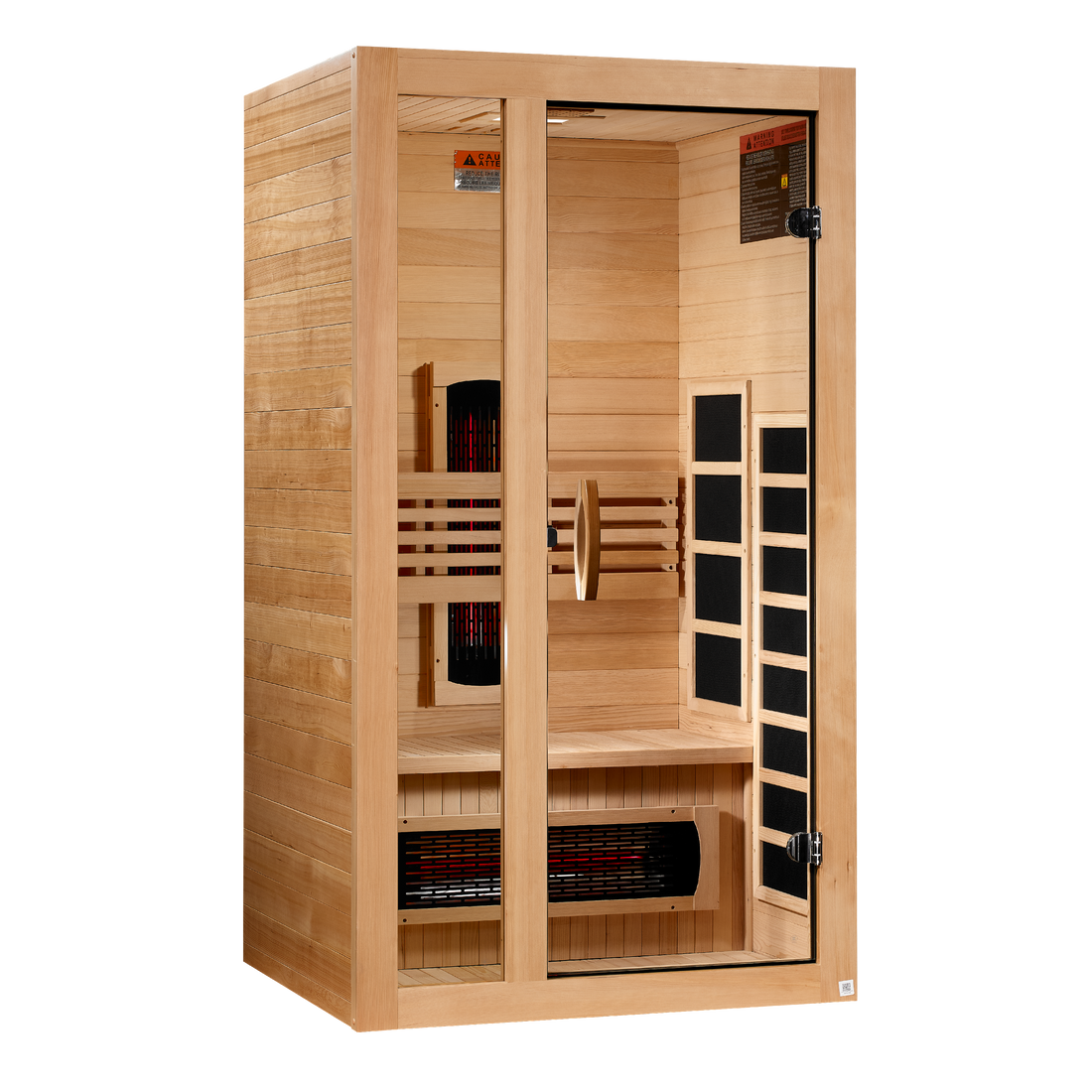 Dynamic Gracia 1-2-Person Full Spectrum Sauna with Hemlock wood and tempered glass door.