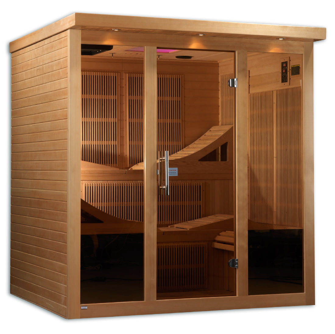 Golden Designs Monaco Elite 6-Person  Sauna in Hemlock wood with tempered glass.