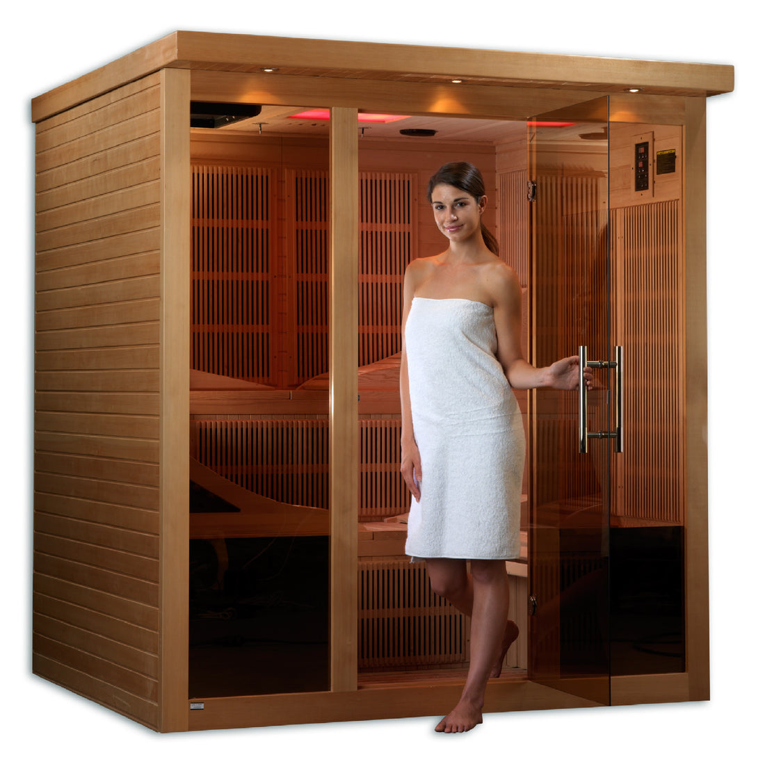 Golden Designs Monaco Elite 6-Person  Sauna in Hemlock wood with tempered glass.