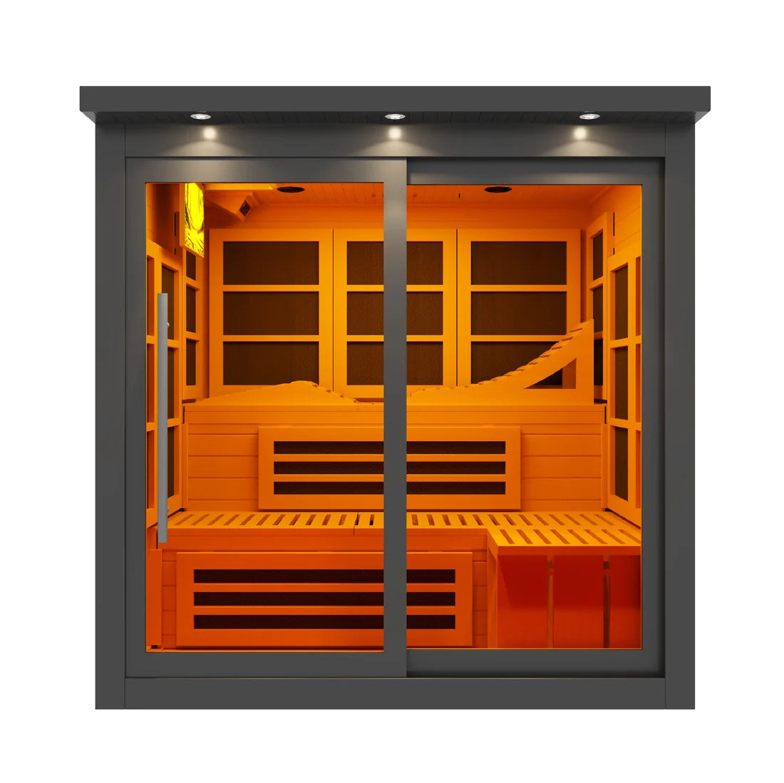 A modern indoor sauna cabin with a dark  frame and sliding tempered glass doors, illuminated from within by warm orange-red lighting. 