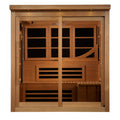 Front view of Golden Designs Monaco Limited Edition 6-Person Sauna in Hemlock wood and tempered glass.