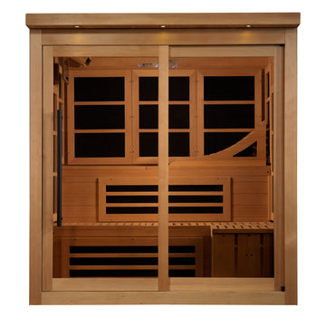 Front view of Golden Designs Monaco Limited Edition 6-Person Sauna in Hemlock wood and tempered glass.