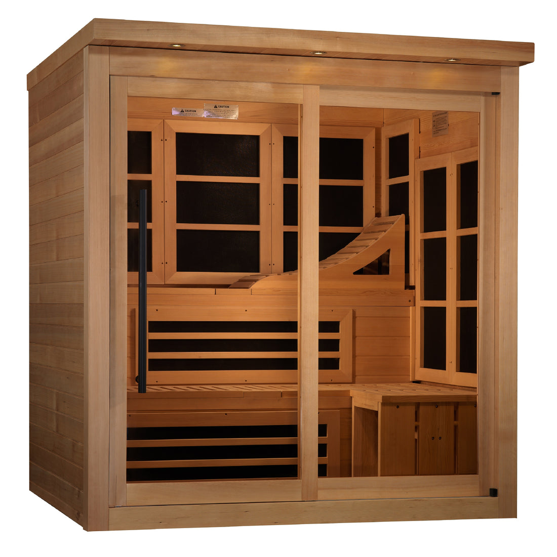 Front view of Golden Designs Monaco Limited Edition 6-Person Sauna in Hemlock wood and tempered glass.