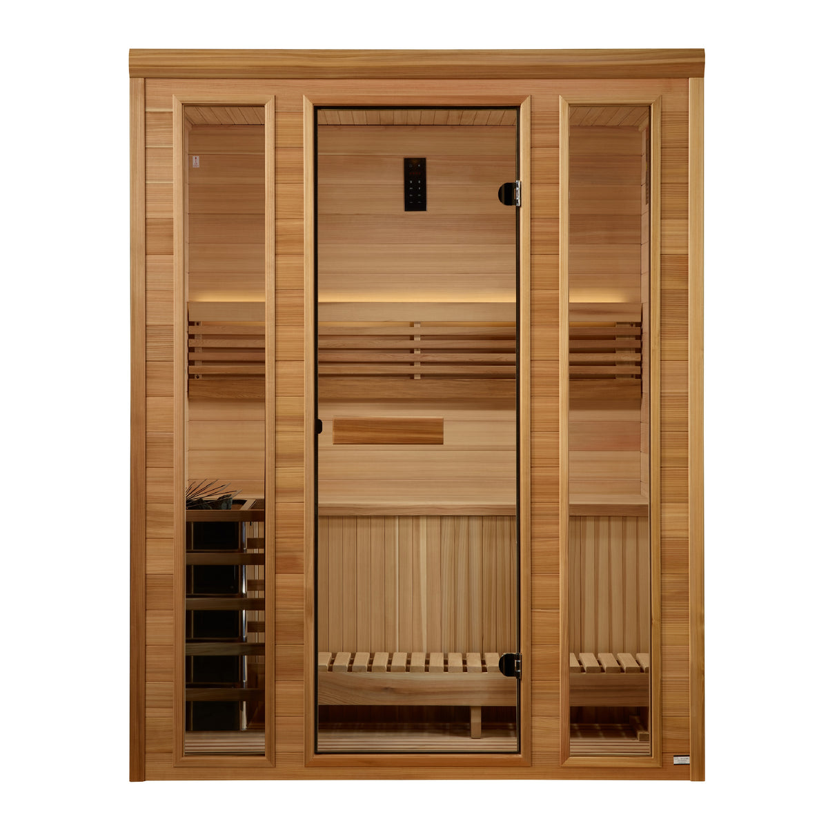 Front view of Golden Designs Andermatt 2-3 Person Traditional Indoor Sauna on a white background. 