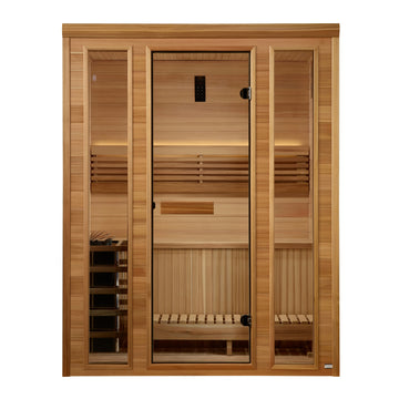 Front view of Golden Designs Andermatt 2-3 Person Traditional Indoor Sauna on a white background. 