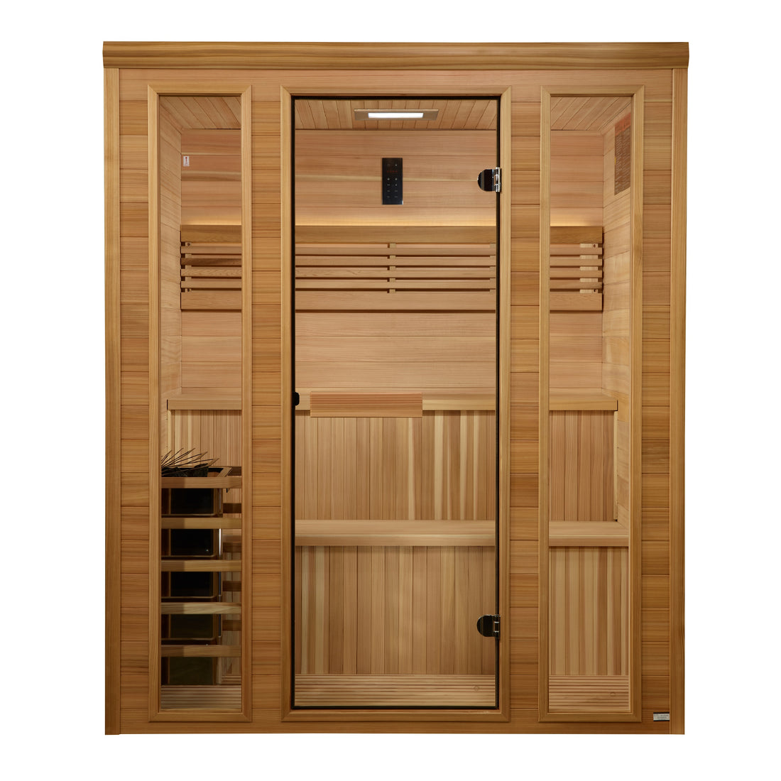 Front view of the Golden Designs Engelberg 4-6 Person Traditional Indoor Sauna cabin on a white background.