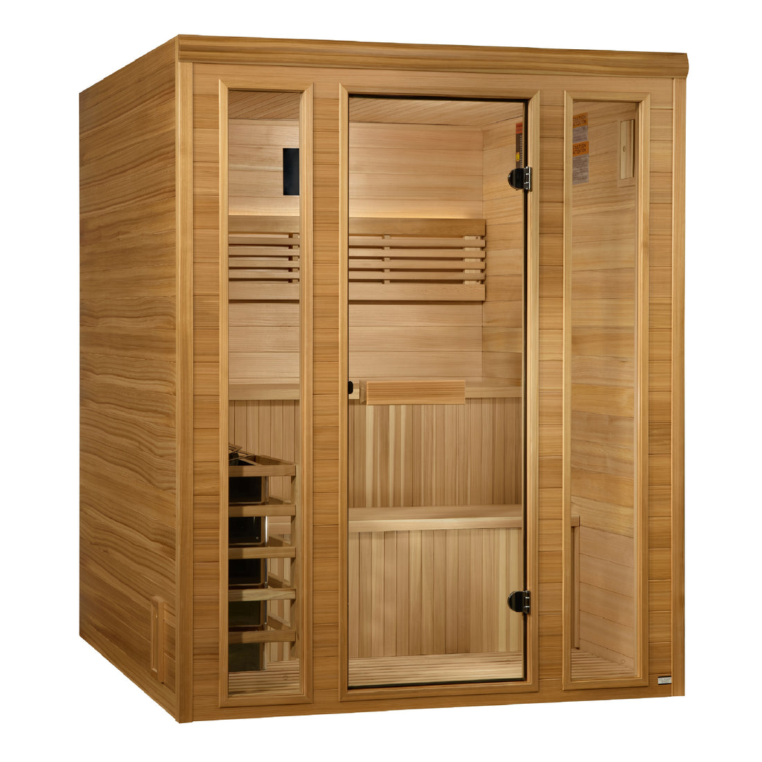 Front view of the Golden Designs Engelberg 4-6 Person Traditional Indoor Sauna cabin on a white background.