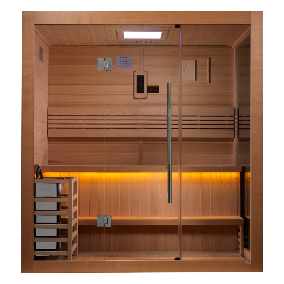 Golden Designs Forssa Edition 3 Person Indoor Traditional Sauna with Canadian Red Cedar Interior and tempered glass door.