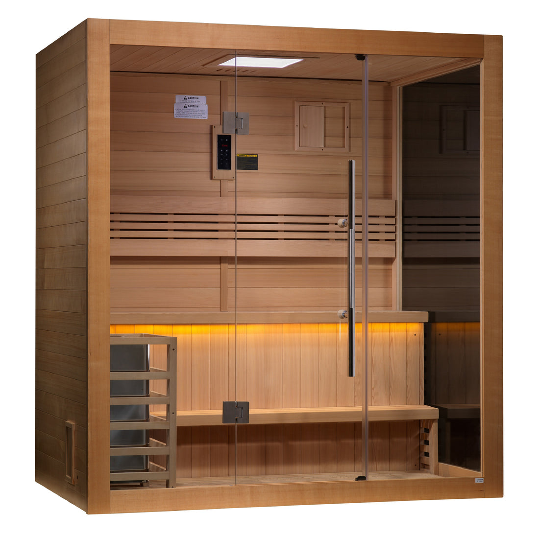 Golden Designs Forssa Edition 3 Person Indoor Traditional Sauna with Canadian Red Cedar Interior and tempered glass door.