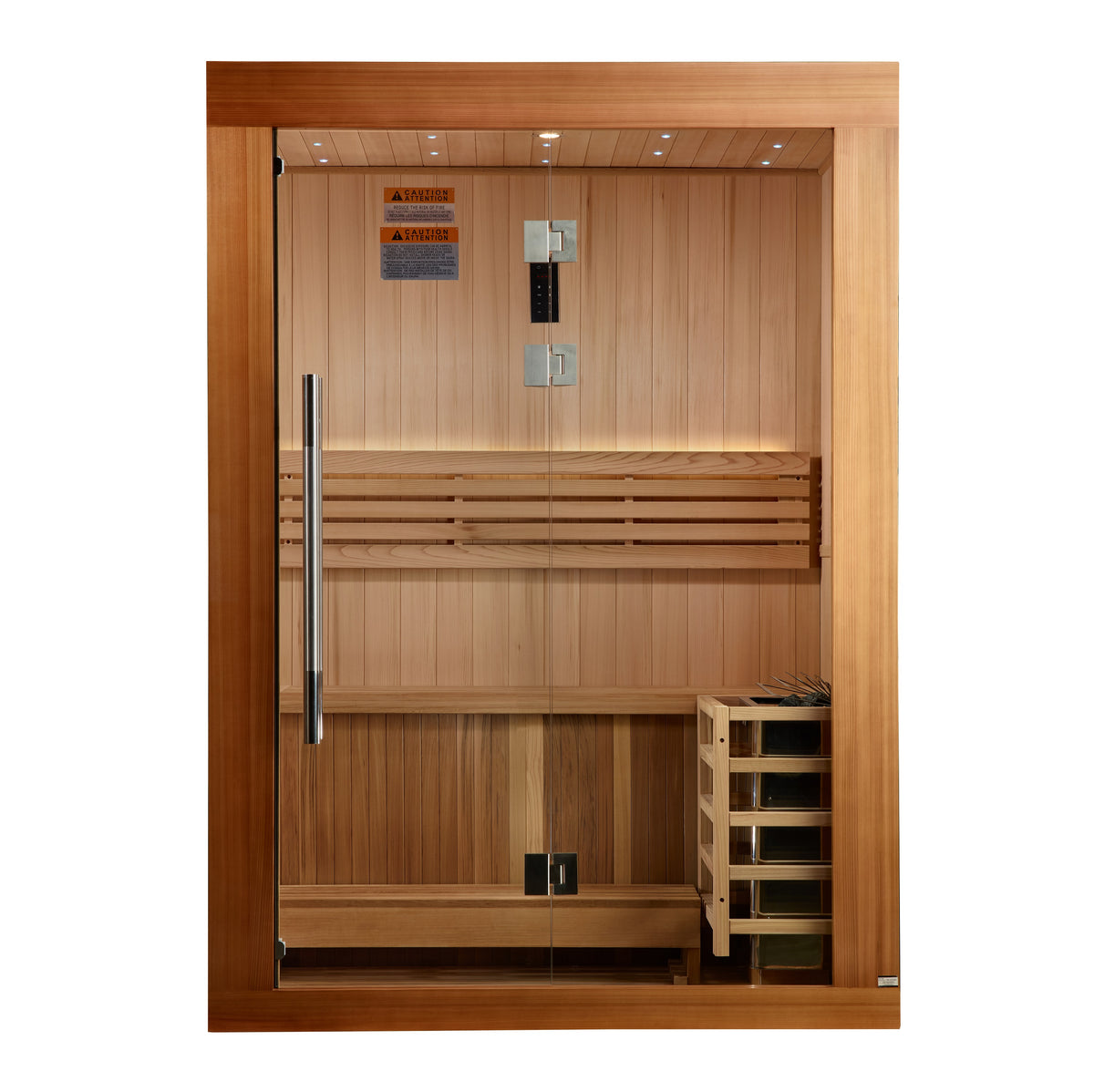 Front view of the Golden Designs Sundsvall 2-Person Traditional Indoor Sauna cabin on a white background.