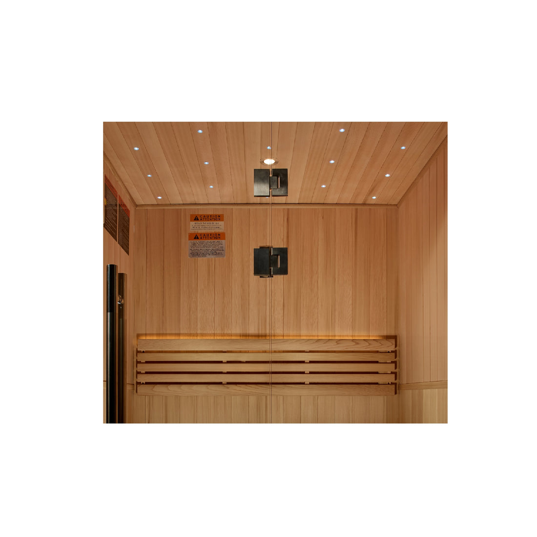 Front view of the Golden Designs Sundsvall 2-Person Traditional Indoor Sauna cabin on a white background.