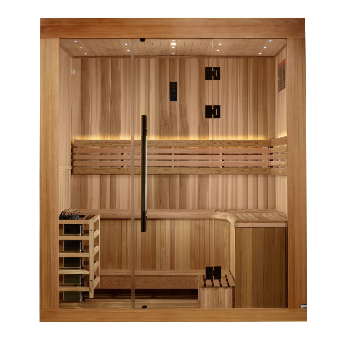 Front view of Golden Designs Copenhagen 3 Person Traditional Indoor Sauna on a white background.