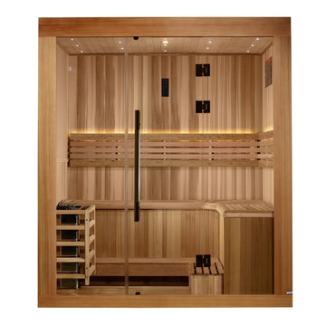 Front view of Golden Designs Copenhagen 3 Person Traditional Indoor Sauna on a white background.