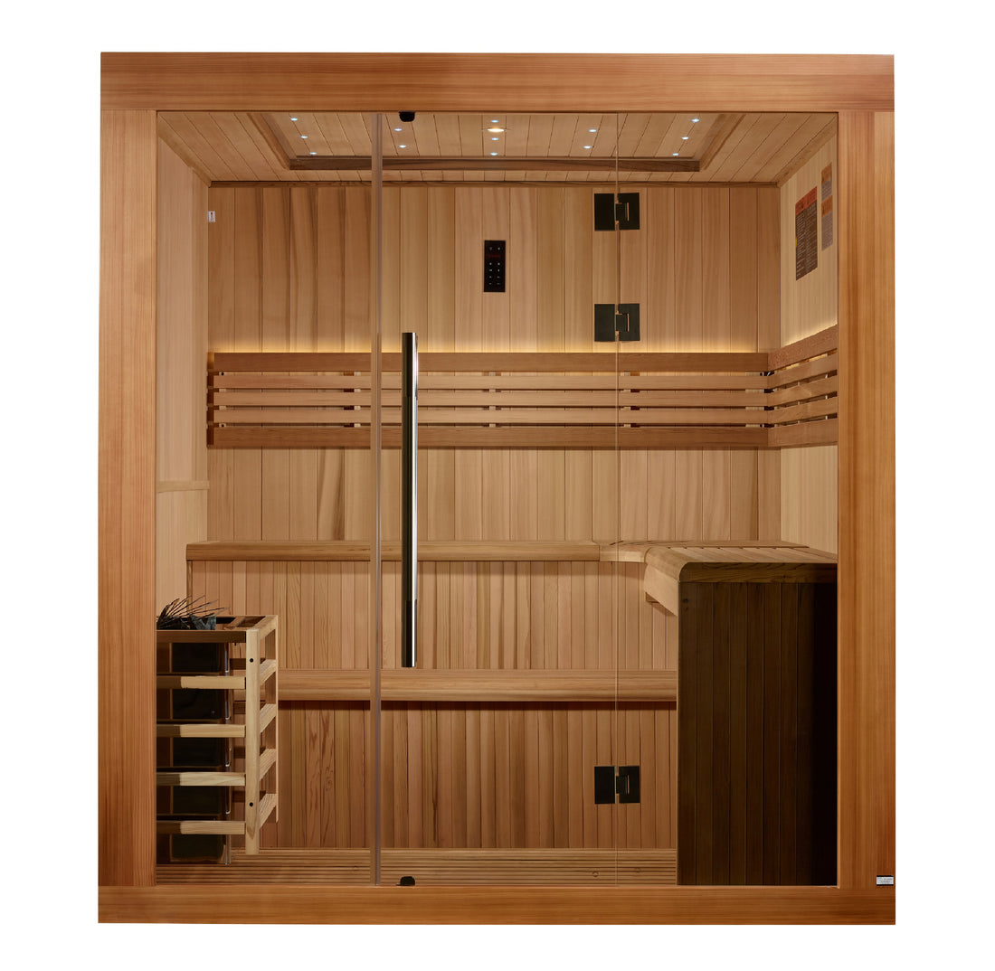 Golden Designs Osla 6 Person Traditional Indoor Sauna with glass front panels.
