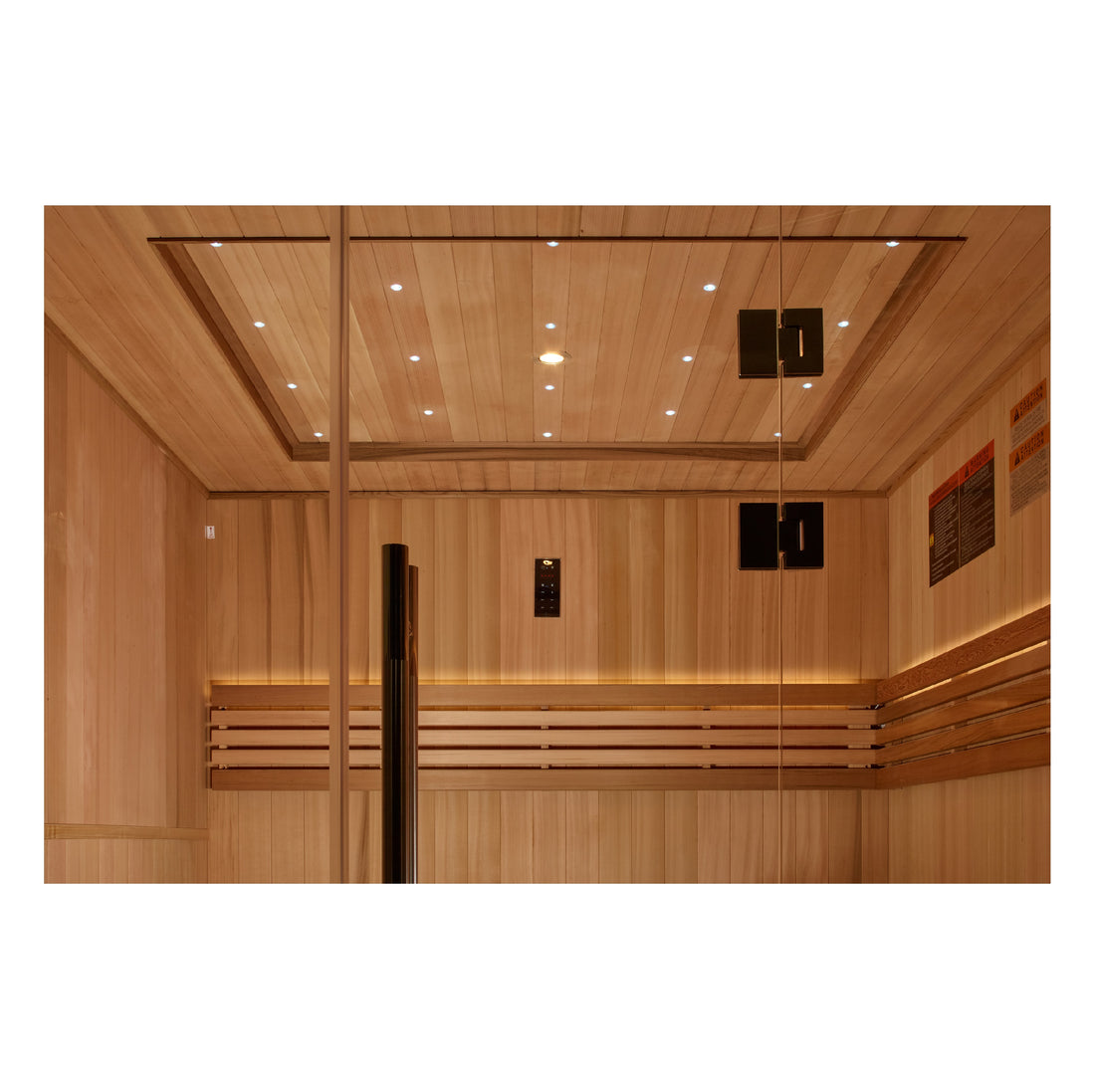 Golden Designs Osla 6 Person Traditional Indoor Sauna with glass front panels.