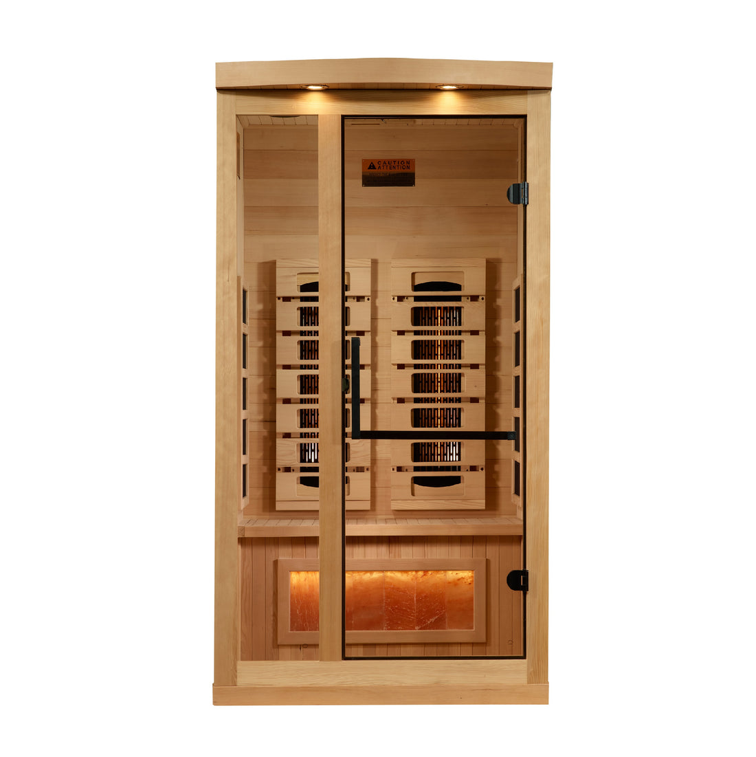 Golden Designs 1-2-Person Hemlock wooden infrared sauna with interior bench, lights and tempered glass.