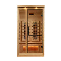 Golden Designs 1-2-Person Hemlock wooden infrared sauna with interior bench, lights and tempered glass.