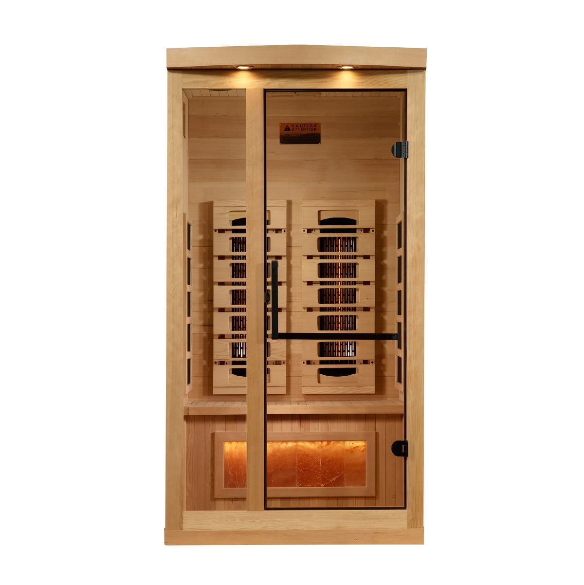 Golden Designs 1-2-Person Hemlock wooden infrared sauna with interior bench, lights and tempered glass.