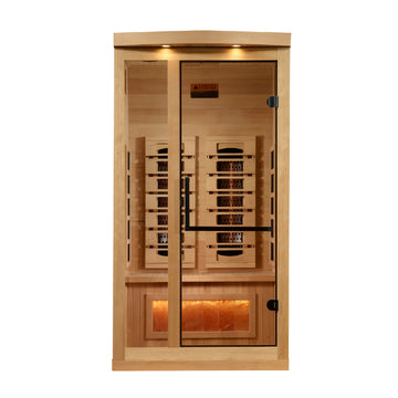 Golden Designs 1-2-Person Hemlock wooden infrared sauna with interior bench, lights and tempered glass.