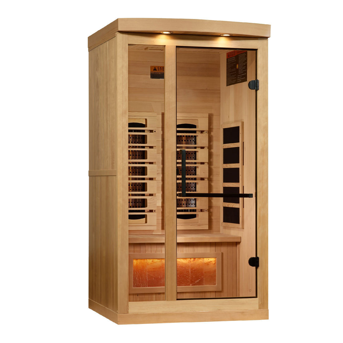 Golden Designs 1-2-Person Hemlock wooden infrared sauna with interior bench, lights and tempered glass.