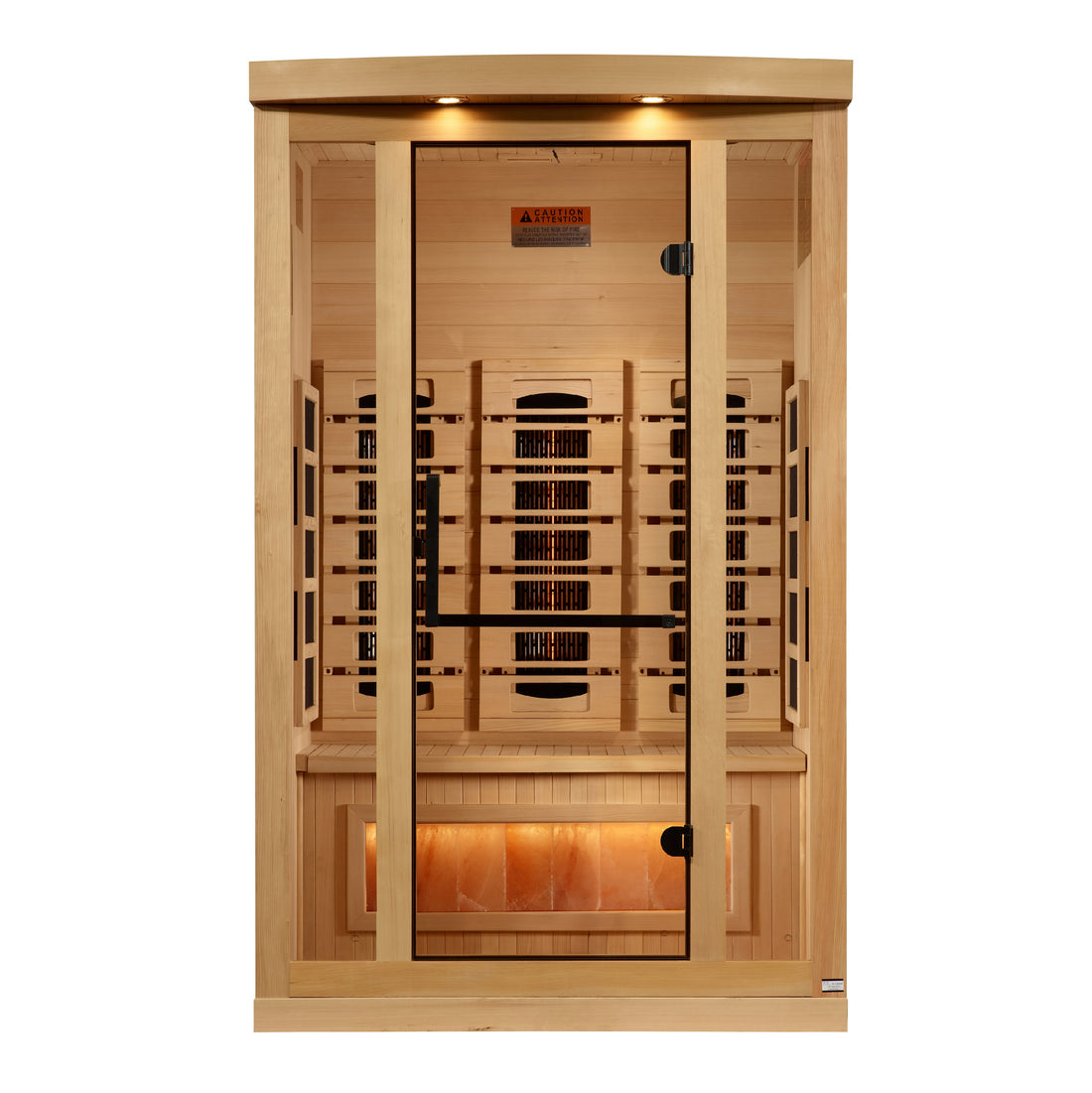 Golden Designs Hemlock wooden 2-Person infrared sauna with interior benches, lights and tempered glass.