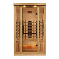 Golden Designs Hemlock wooden 2-Person infrared sauna with interior benches, lights and tempered glass.