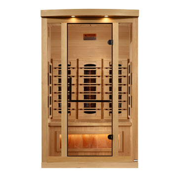 Golden Designs Hemlock wooden 2-Person infrared sauna with interior benches, lights and tempered glass.