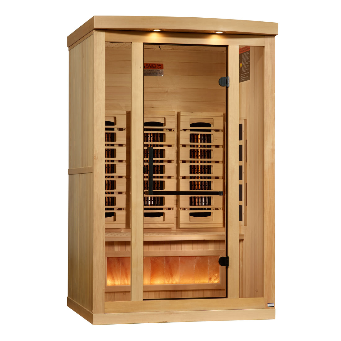 Golden Designs Hemlock wooden 2-Person infrared sauna with interior benches, lights and tempered glass.