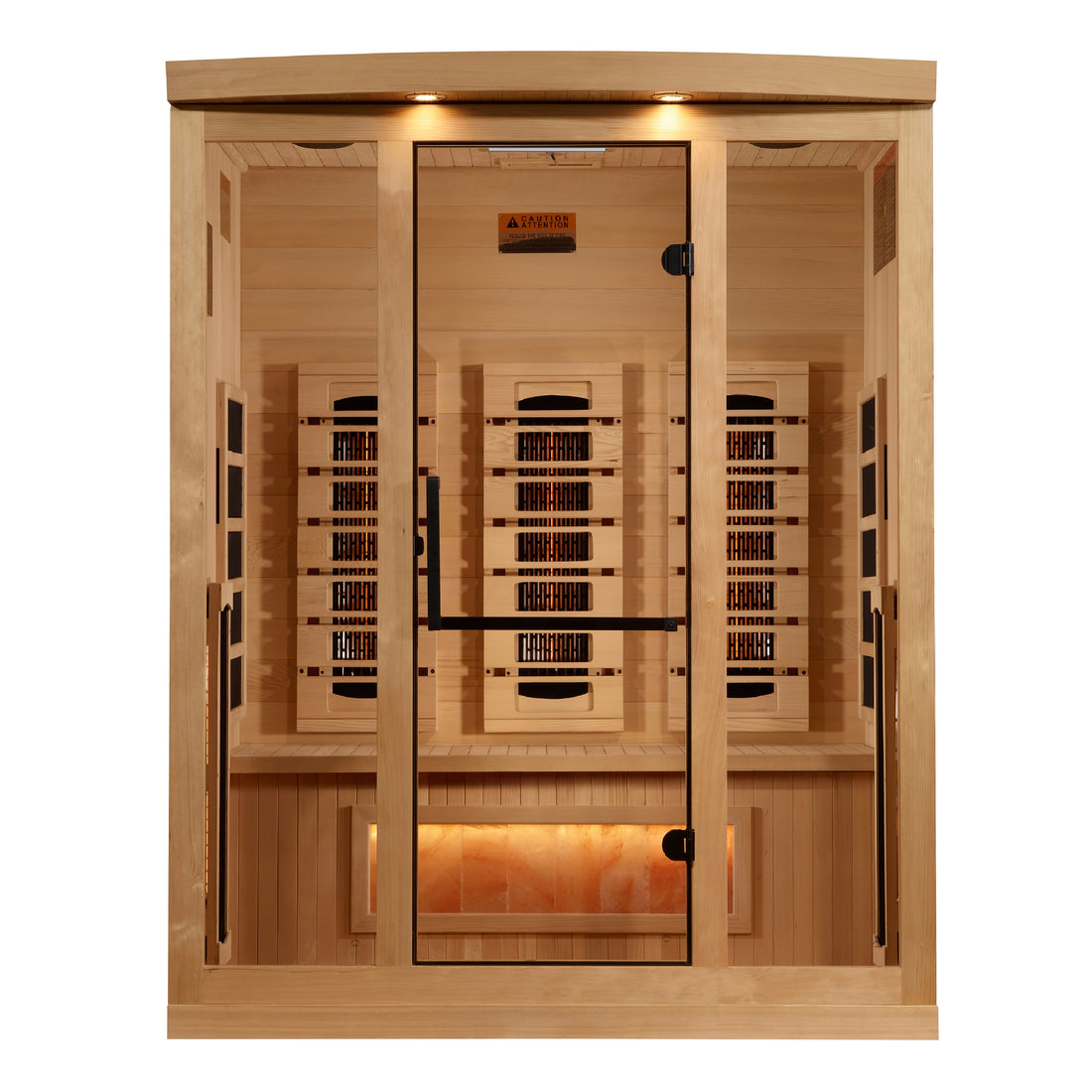 Hemlock Wooden 3-person infrared sauna with tempered glass door, benches and heating panels. 