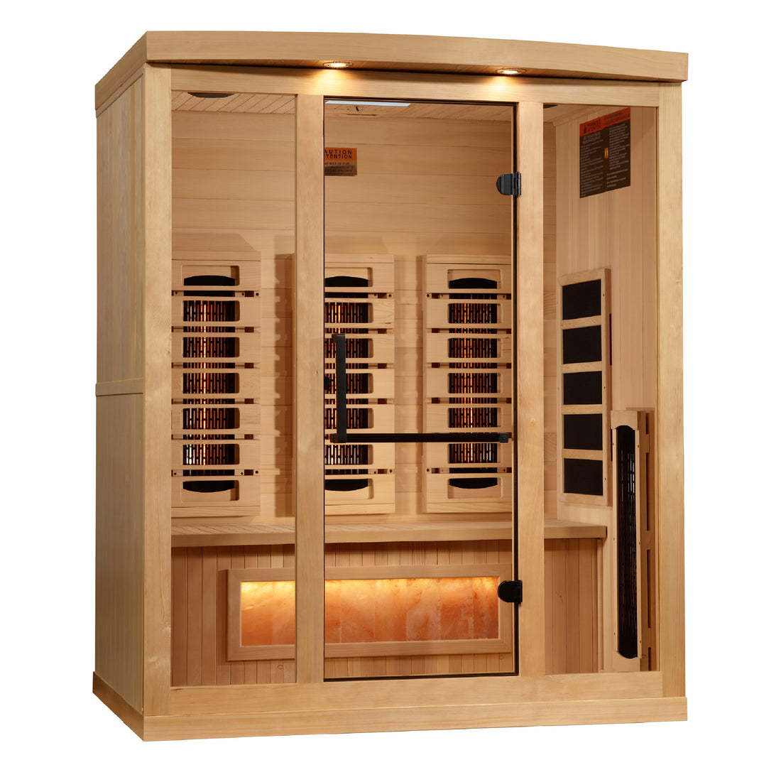 Hemlock Wooden 3-person infrared sauna with tempered glass door, benches and heating panels. 