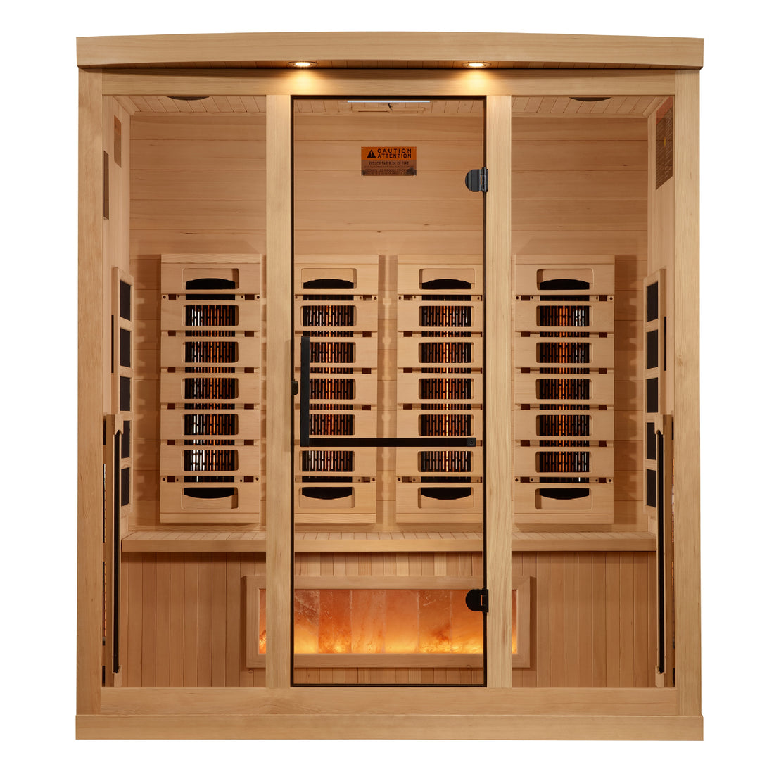 Golden Designs Hemlock wooden infrared sauna 4-Person with interior benches, heating panels, lights and tempered glass.