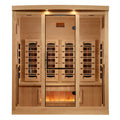 Golden Designs Hemlock wooden infrared sauna 4-Person with interior benches, heating panels, lights and tempered glass.