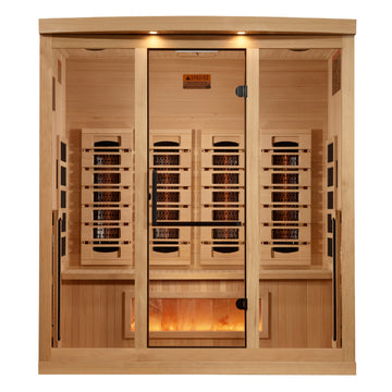 Golden Designs Hemlock wooden infrared sauna 4-Person with interior benches, heating panels, lights and tempered glass.