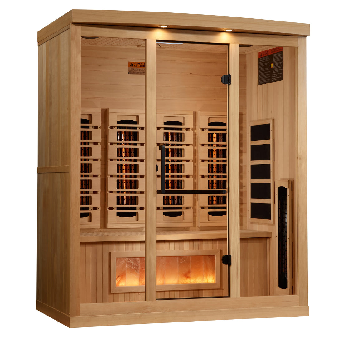 Golden Designs Hemlock wooden infrared sauna 4-Person with interior benches, heating panels, lights and tempered glass.