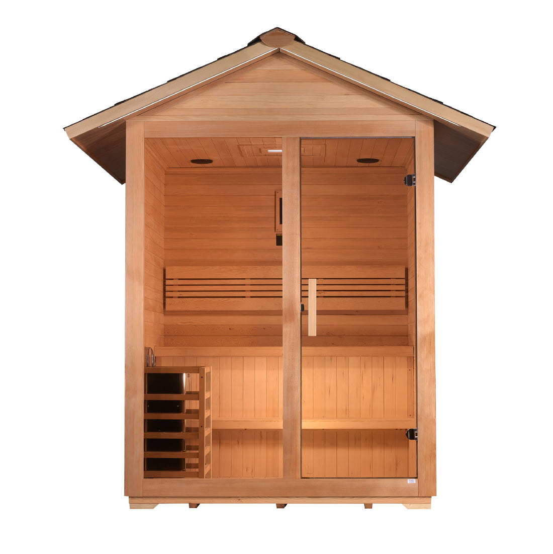 Golden Designs Arlberg 3 Person Traditional Outdoor Sauna - Canadian Hemlock with bronze tempered glass door.