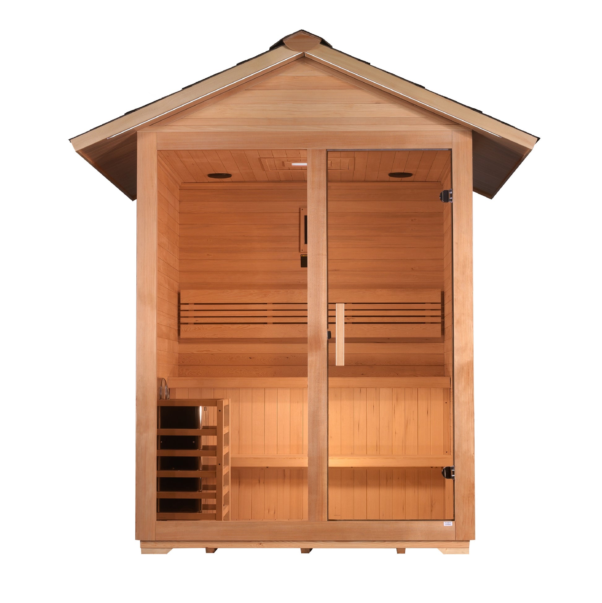 Golden Designs Arlberg 3 Person Traditional Outdoor Sauna - Canadian Hemlock with bronze tempered glass door.