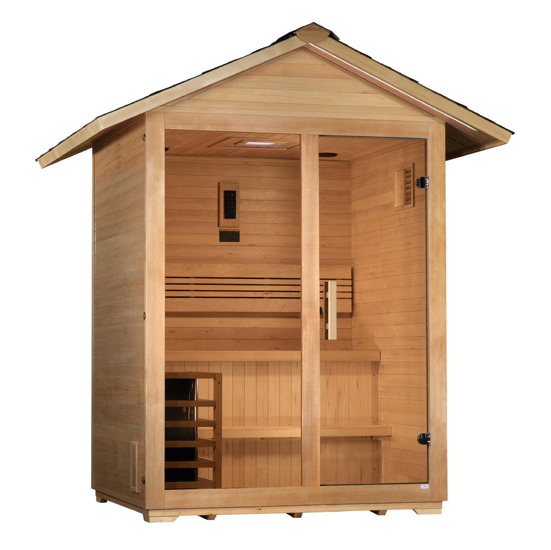 Golden Designs Arlberg 3 Person Traditional Outdoor Sauna - Canadian Hemlock with bronze tempered glass door.
