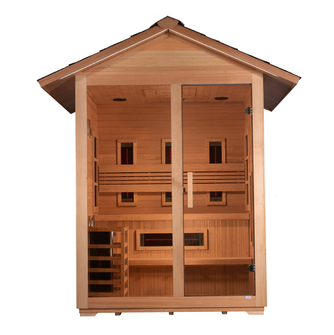 Golden Designs Carinthia 3 Person Hybrid outdoor sauna with tempered glass door.