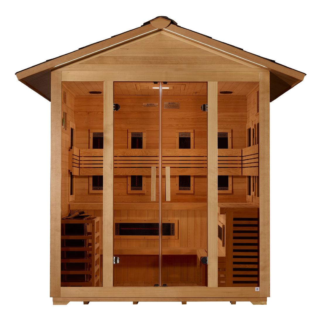 Golden Designs Gargellen 5 Person Hybrid sauna with canadian wood and tempered glass door. 