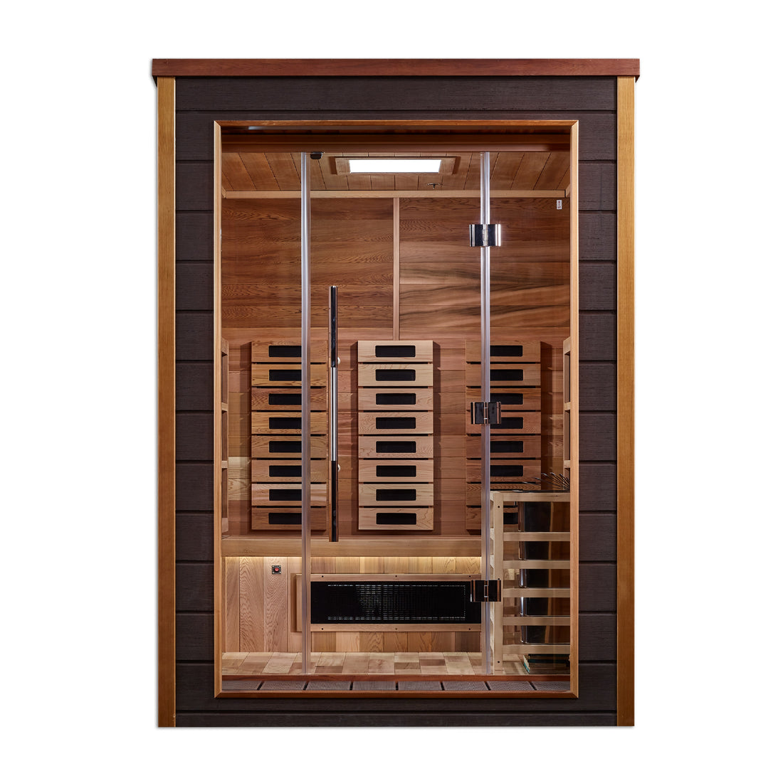 Golden Designs Nora 2 Person Hybrid outdoor & indoor sauna with tempered glass door.