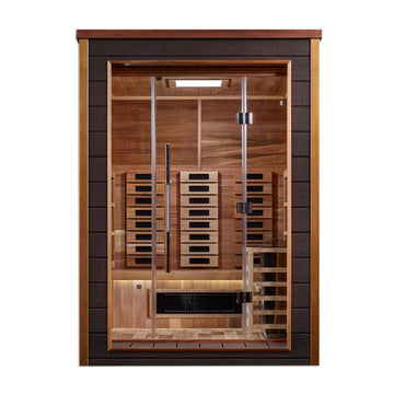 Golden Designs Nora 2 Person Hybrid outdoor & indoor sauna with tempered glass door.