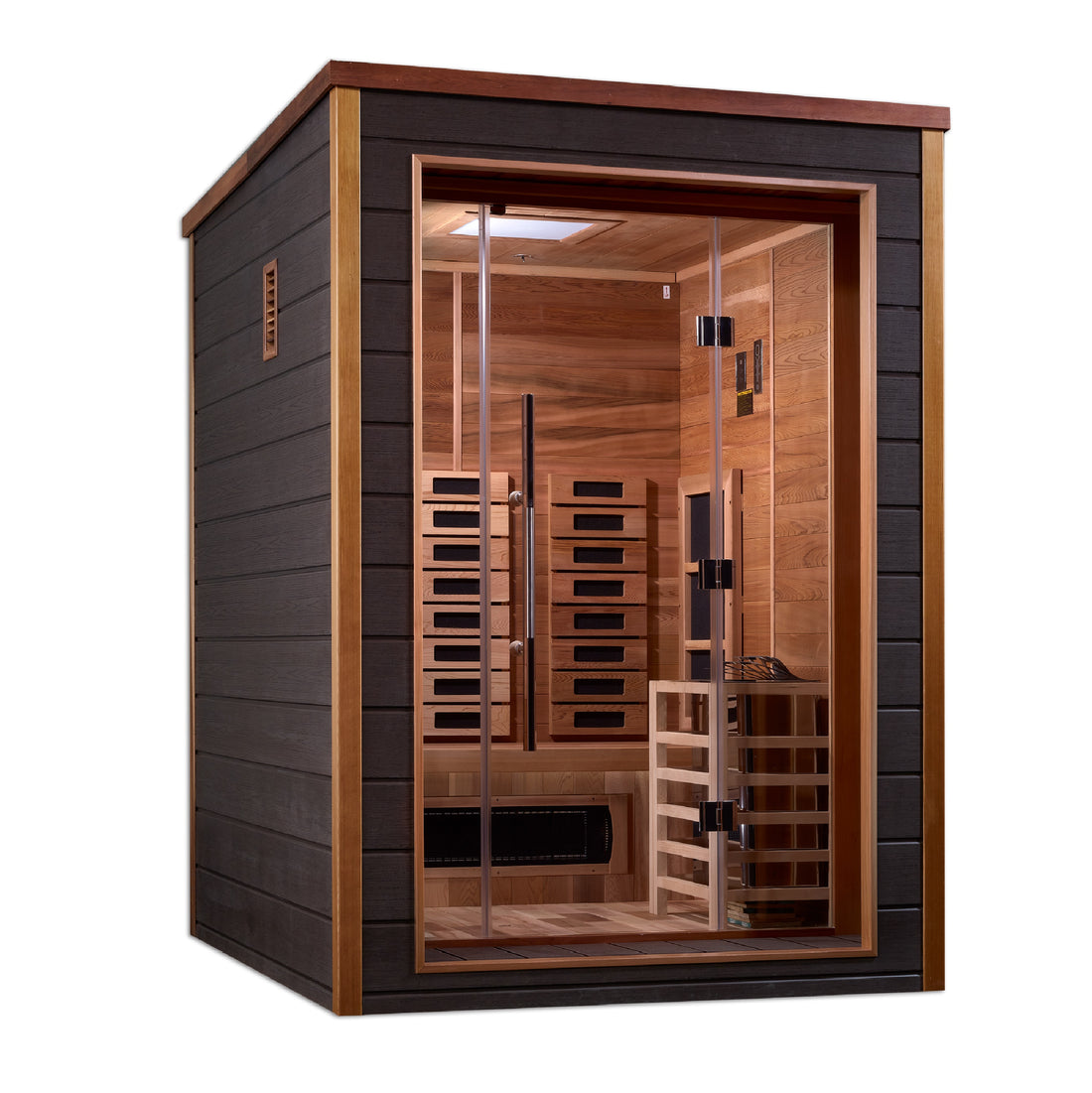 Golden Designs Nora 2 Person Hybrid outdoor & indoor sauna with tempered glass door.