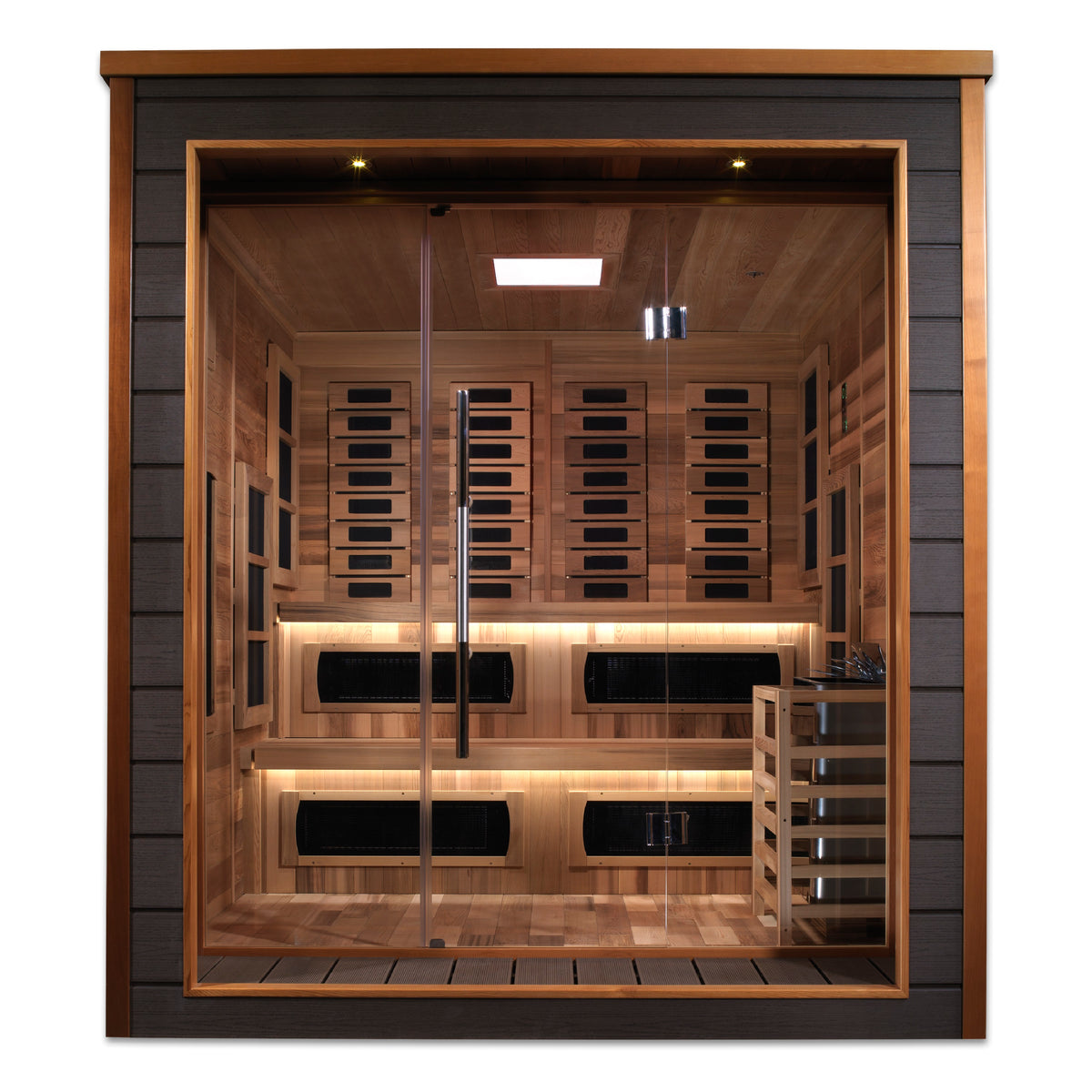 Golden Designs Karlstad 6 Person Hybrid sauna with tempered glass door.