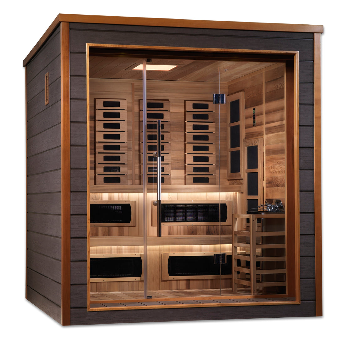 Golden Designs Karlstad 6 Person Hybrid sauna with tempered glass door.