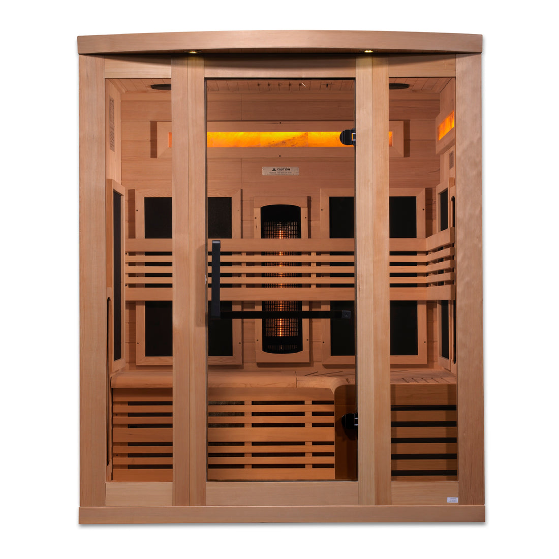 Golden Designs Hemlock wooden sauna 3-Person with interior benches, lights and tempered glass.