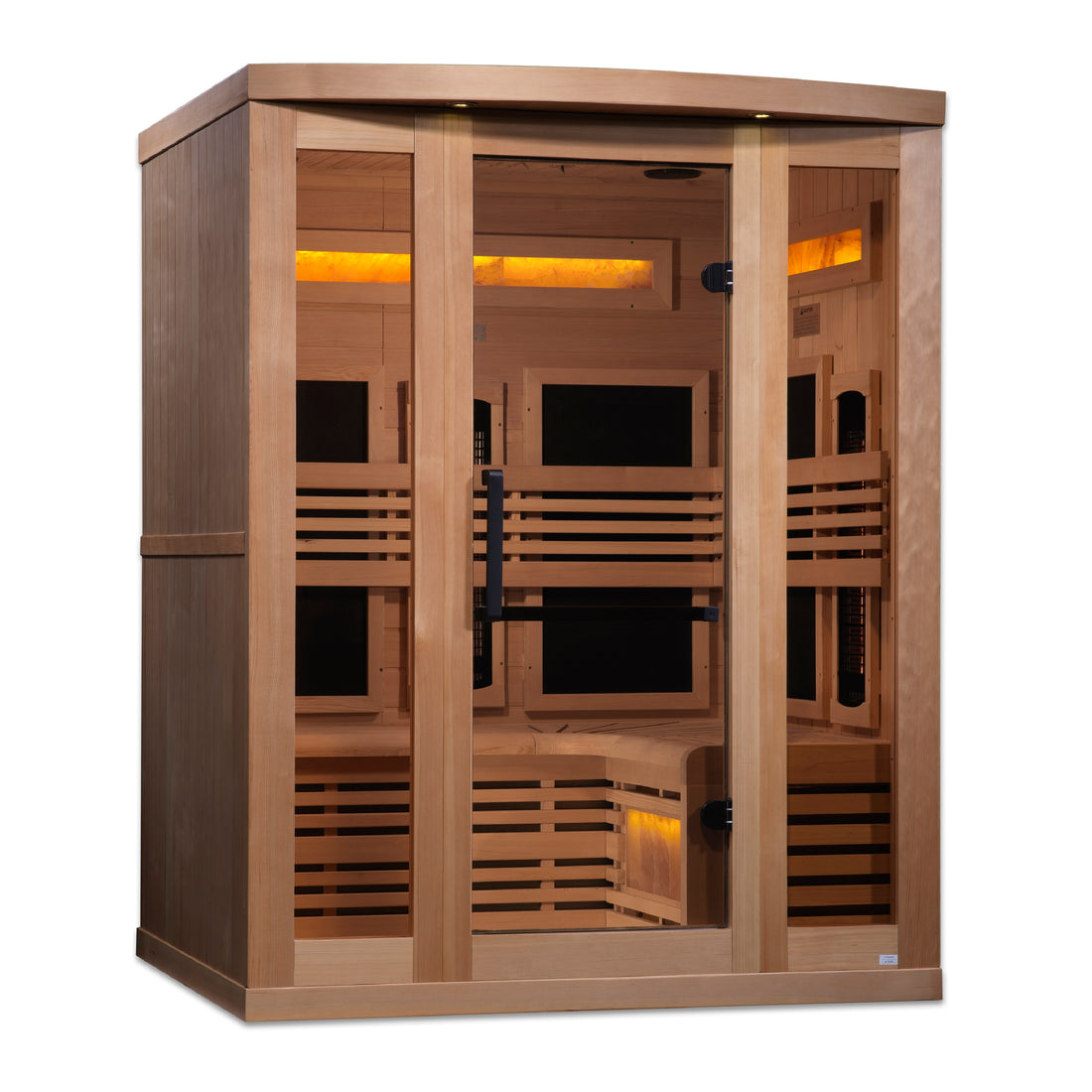 Golden Designs Hemlock wooden sauna 3-Person with interior benches, lights and tempered glass.
